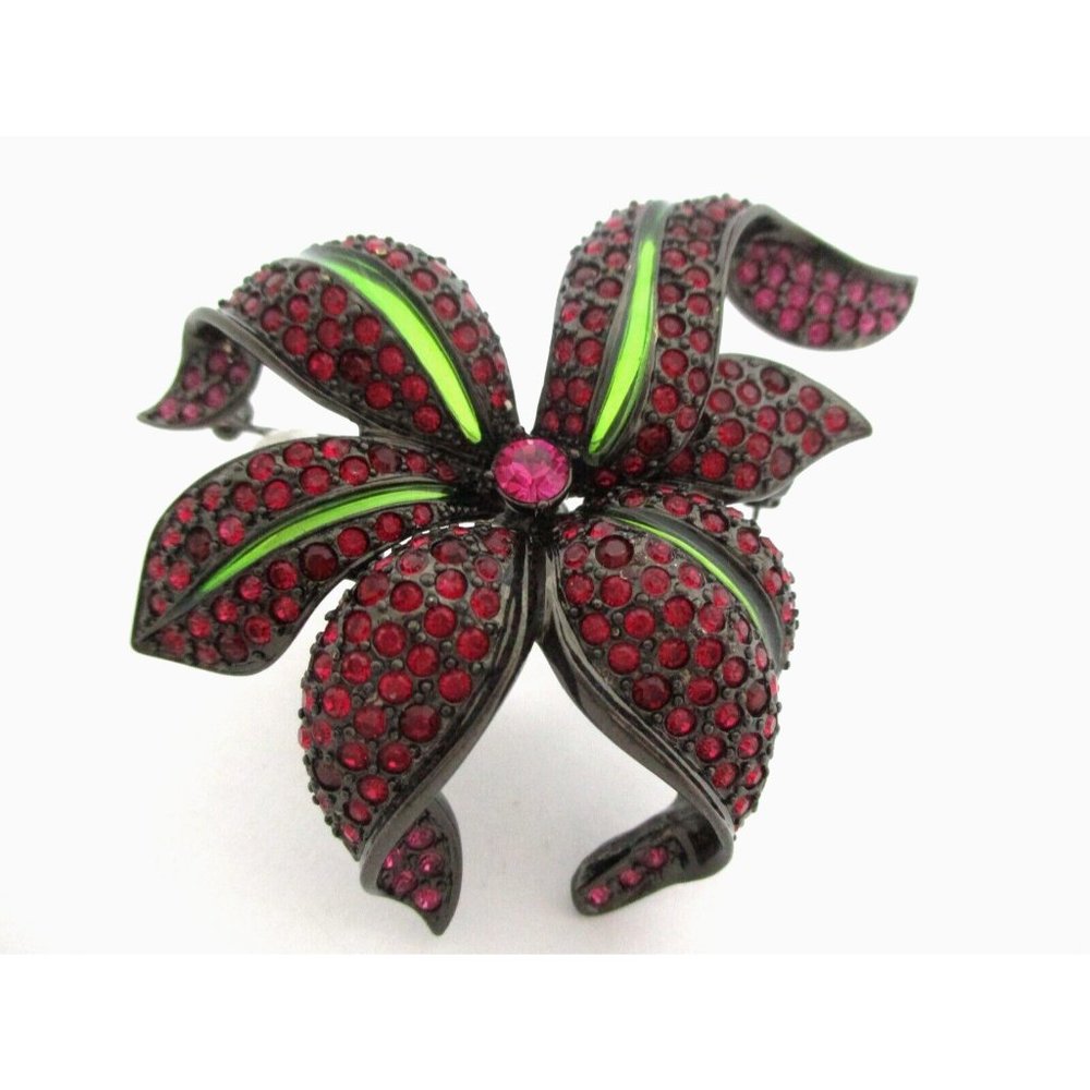 JOAN RIVERS brooch pin Large Flower Pink Fushia Green Crystal Rhinestone